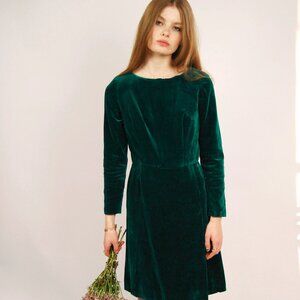 70s Velvet Mini Dress (S) small green vintage long sleeve winter holiday formal